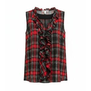 Red Black Plaid Sleeveless Ruffle Front Blouse